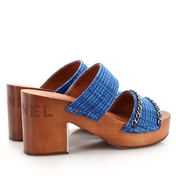 Chanel Women's Chain Platform Slide Sandals Tweed and Wood Blue, Brown - Picture 3 of 4